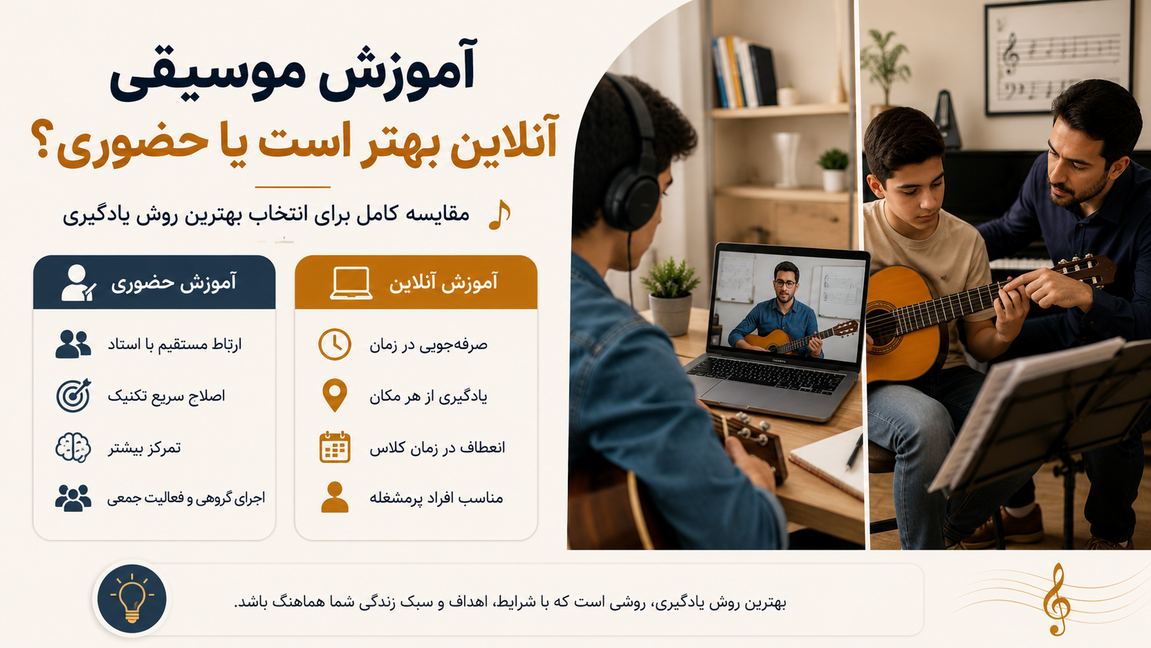 آموزش موسیقی آنلاین بهتر است یا حضوری؟ مقایسه کامل برای انتخاب بهترین روش یادگیری
